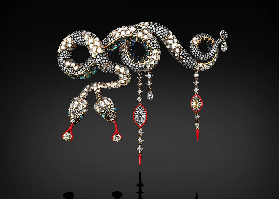 <p>Austy Lee The Caduceus of Hermes necklace from The Fūrinkazan collection with mother-of-pearl, abalone shell, red enamel, cat’s eye alexandrite, and diamonds</p>