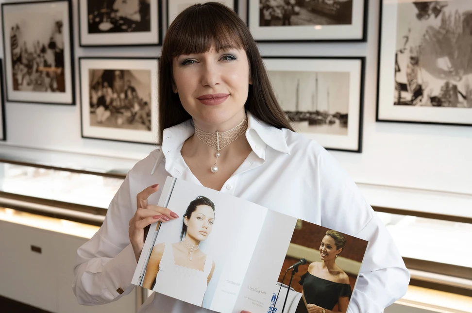 Katerina wearing an AUTORE pearl choker, alongside images of Angelina Jolie in the Australian pearl jeweller’s creations