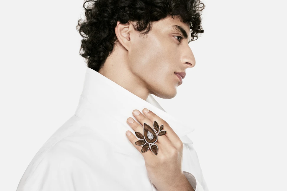 A model wears the Boucheron Tattoo ring with a 1.51-carat E-colour, internally flawless pear-cut diamond, 83 carats of smoky quartz and further diamonds in sapphire glass and white gold from the Human Being Carte Blanche High Jewellery collection