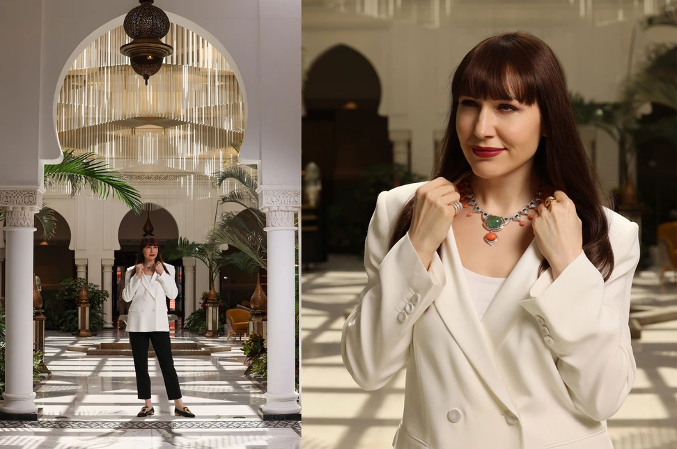 The Moroccan arches of the Four Seasons Hotel Casablanca provide a fitting backdrop for Bachtale’s Bahia Palace necklace