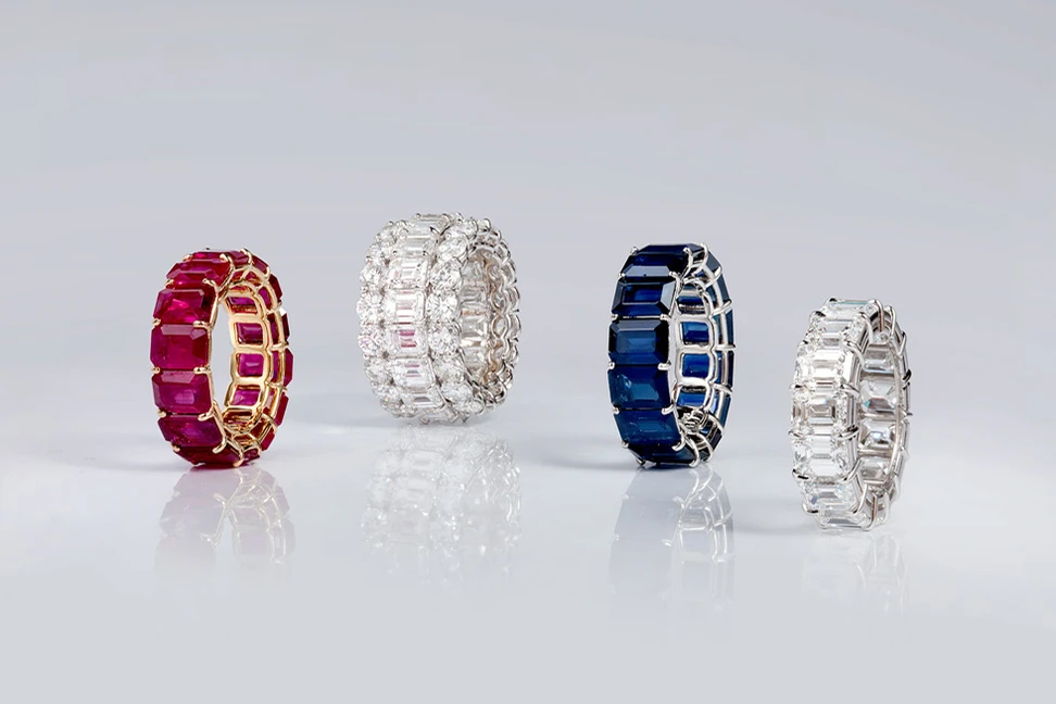 <p>Bayco eternity rings with sapphires, rubies and diamonds</p>