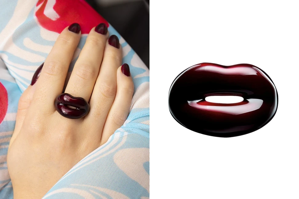 <p>Black Cherry Hotlips ring created in hand painted enamel and 100% recycled sterling silver by Solange Azagury-Partridge</p>