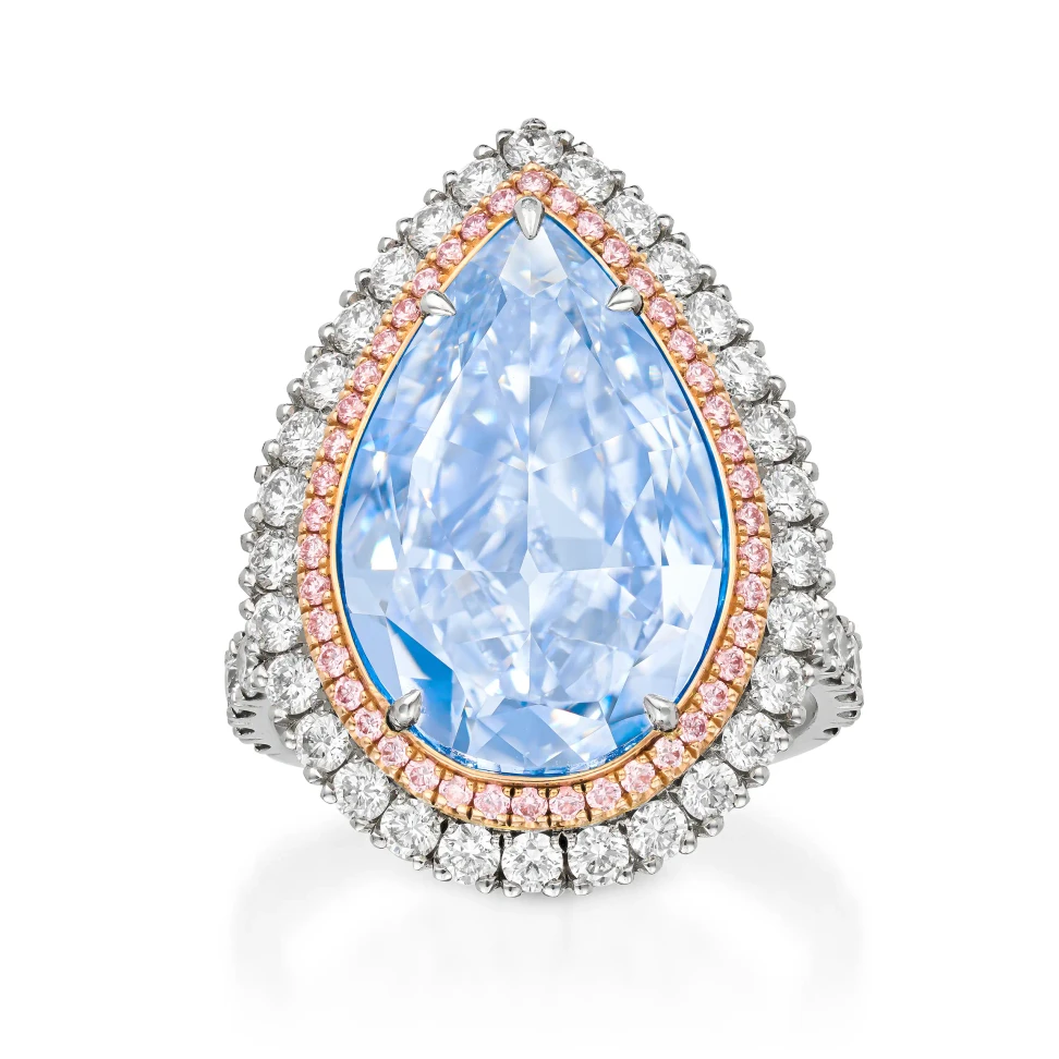 A rare 8.03 carat natural Fancy Light Blue diamond ring, estimated at £1.5 million to £2 million.