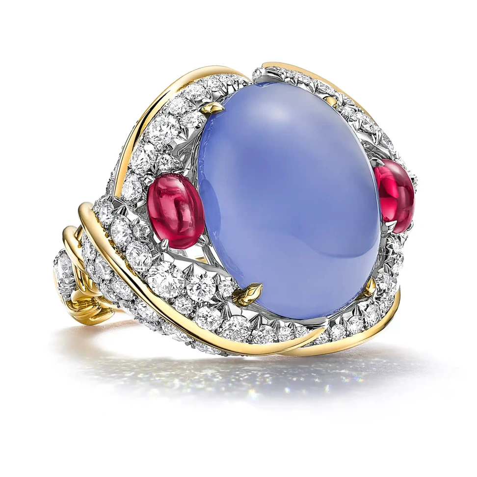 Tiffany & Co. Hanging Garden ring with an 11.44-carat oval chalcedony, 1.08 carats of unenhanced Mozambique ruby cabochons and diamonds