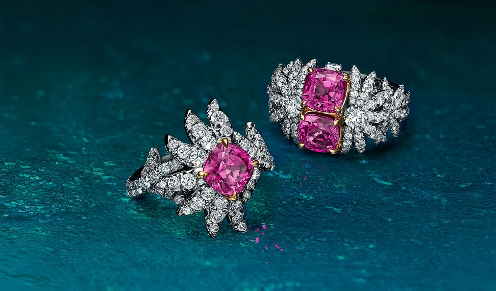 <p>Tiffany &amp; Co. Blue Book Hidden Garden rings in platinum and 18k yellow gold, set with 5.45ct of unenhanced pink sapphires and diamonds</p>
