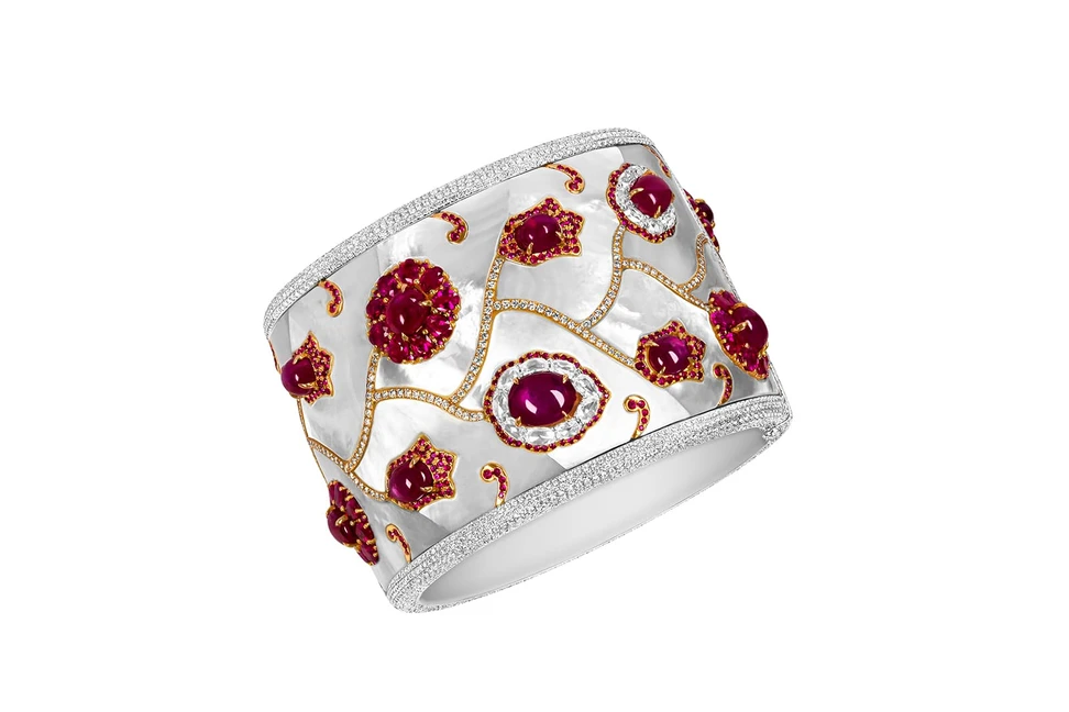 <p>Boghossian cuff with Burmese rubies, 15.53ct of accenting rubies, and diamonds in mother-of-pearl and white gold</p>