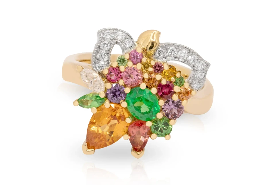 Artisans Bespoke Jewellers Borboleta ring with mandarin garnet, tsavorite garnet, hot pink spinel, pink and purple sapphires and diamonds set in 18k yellow and white gold 