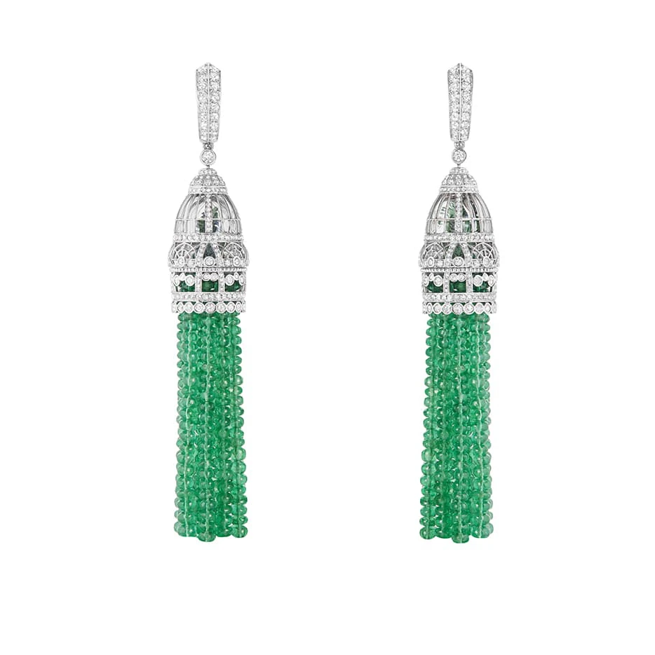 <p>Boucheron ‘Paris Vu Du 26’ collection ‘Verriere’ earrings with emeralds and diamonds in white gold</p>