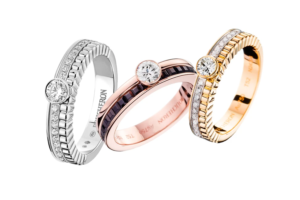 <p>Boucheron ‘Quatre Radiant’ diamond engagement rings in white gold and yellow gold, with ‘Quatre Classique’ diamond engagement ring in rose gold with brown diamonds</p>