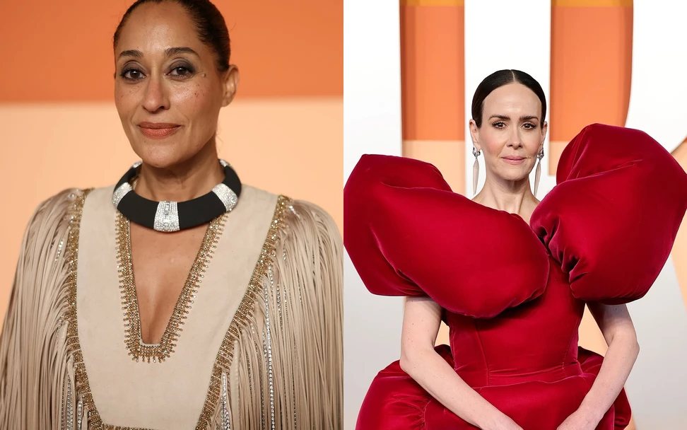 <p>Tracee Ellis Ross in the Sable Noir necklace with crystallised black sand and diamonds in 18k white gold, and Sarah Paulson wearing the Iceberg pendant earrings with frosted rock crystal and diamonds in 18k white gold, both from the Boucheron Or Bleu Carte Blanche High Jewellery collection from 2024</p>
