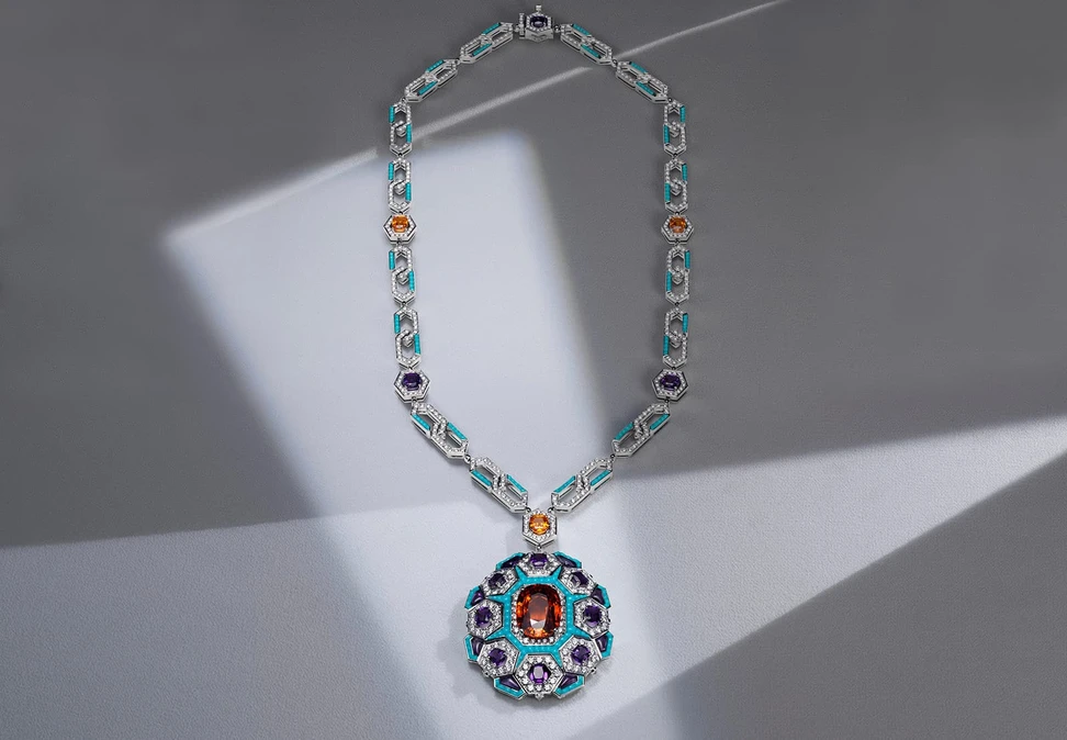<p>Bulgari ‘Cinemagia’ collection ‘Night at the Casino’ medallion necklace with 16.85ct Mandarin garnet, turquoise, amethysts and diamonds</p>