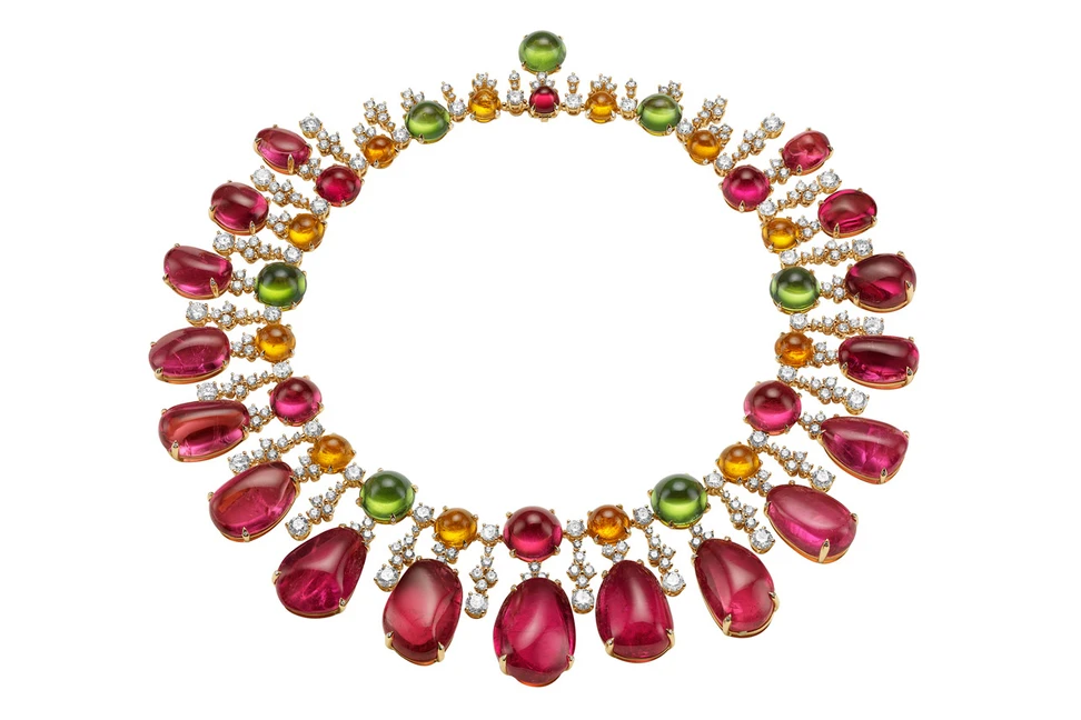 <p>Bulgari Gala in Costa Smeralda necklace with rubellites, peridots, garnets and diamonds</p>