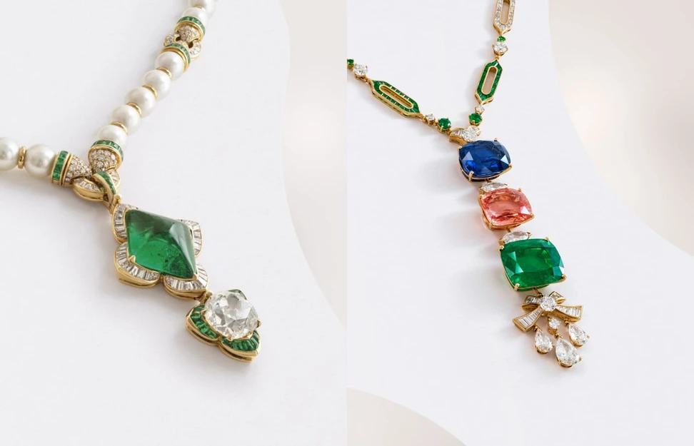<p>Bulgari necklace (left) with a lozenge-shaped cabochon emerald of 21.53 carats, cushion-shaped old-cut diamond of 9.06 carats, rectangular-shaped buff-top emeralds, baguette-cut and round diamonds in 18k gold (Lot 81) and a Bulgari necklace with a cushion-shaped modified brilliant-cut sapphire of 37.84 carats, Padparadscha sapphire of 33.59 carats and emerald of 33.20 carats, round and square-shaped emeralds, pear brilliant-cut diamonds of 2.85, 1.55 and 1.51 carats, marquise brilliant-cut diamond of 1.53 carats, marquise-shaped, baguette-cut and round diamonds in 18k yellow gold (Lot 79) – Included in the Christie’s The World of Heidi Horten: Magnificent Jewels Part I auction</p>