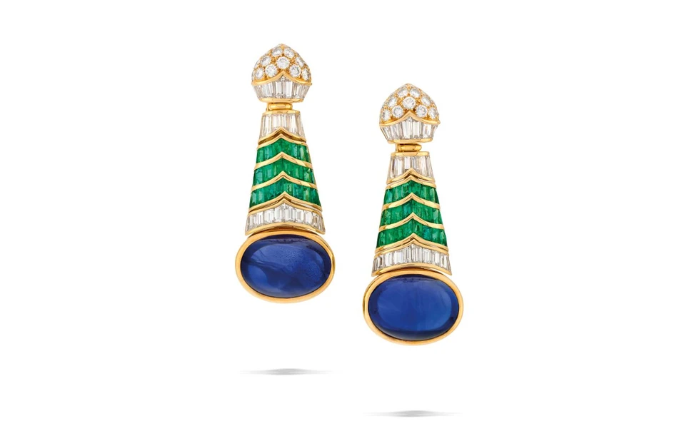 <p>Bulgari sapphire, emerald and diamond earrings (Lot 29) – Included in the Christie’s The World of Heidi Horten: Magnificent Jewels Part I auction</p>