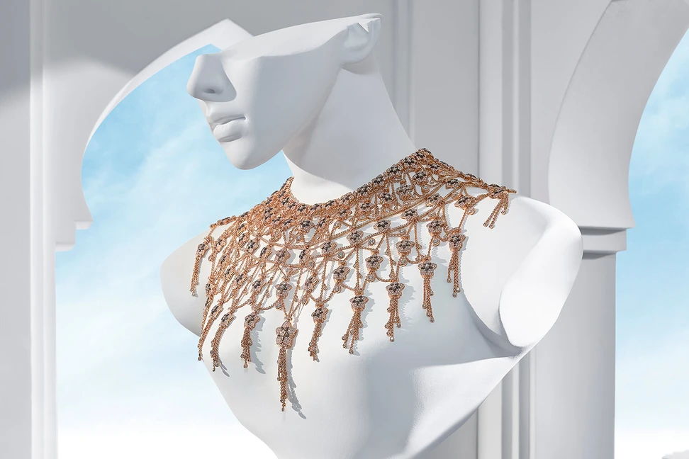 <p>Bvlgari ‘Jannah’ collection ‘Poncho’ bib necklace with mother-of-pearl and diamonds in rose gold</p>