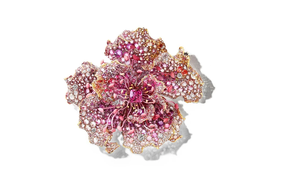 <p>Cindy Chao 2019 Black Label Masterpiece IX ‘Damask Rose’ brooch from the ‘Tango in the Garden’ collection with 8.00ct cushion cut pink sapphire, 53.65ct of diamonds, 240.23ct pink sapphires, and orange sapphires in titanium, white gold and lacquer</p>