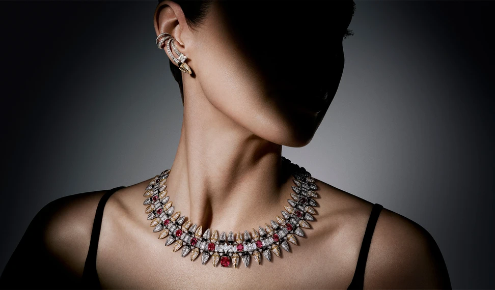 <p>The Conquest high jewellery necklace, set with 21.86ct of rubies outlined in onyx, crowned with a central ruby and LV Monogram Star cut diamond</p>
