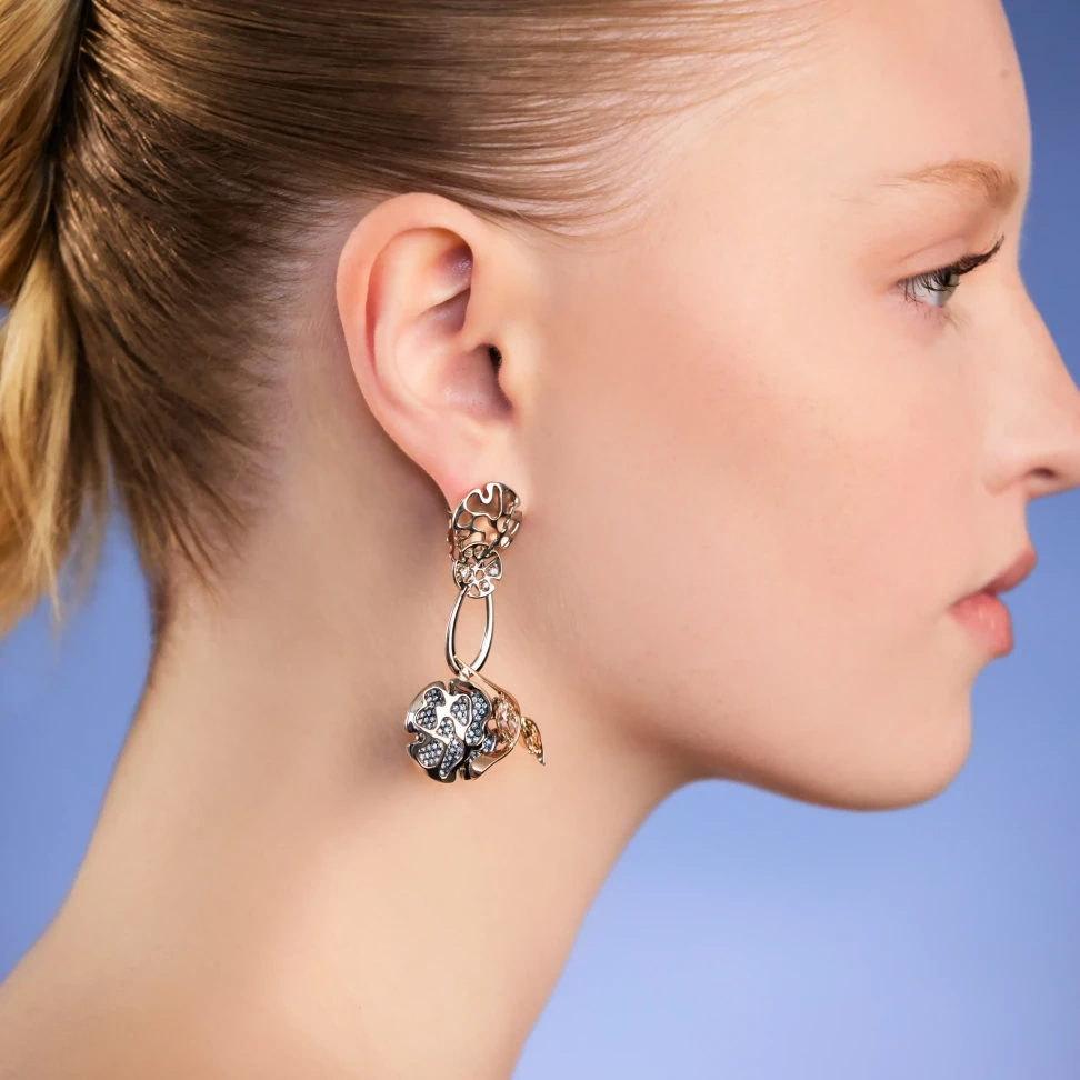 Braeden Anson of Calleija won the Emerging Talent category with these 18k white and rose gold drop earrings, set with 3.46 carats of white and champagne diamonds