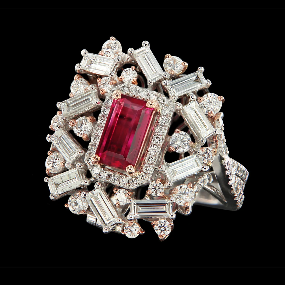 <p>Caratell 1.01ct Bixbite – Red beryl and 2.30ct Diamond cocktail ring from ‘Sun Ray’ collection</p>