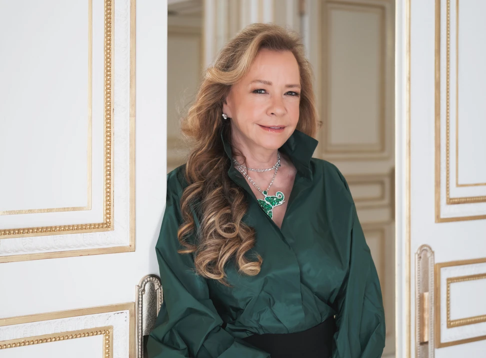 <p>Chopard’s Co-President and Artistic Director, Caroline Scheufele, wearing the emerald and diamond elephant pendant necklace from the Insofu collection</p>

