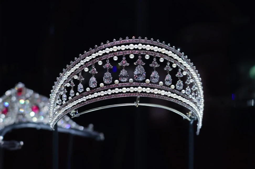 Cartier ‘Russian’ diadem, 1908, in platinum, diamonds and natural pearls, with 15 pear-shaped diamonds suspended from muguet motifs. Cartier Collection