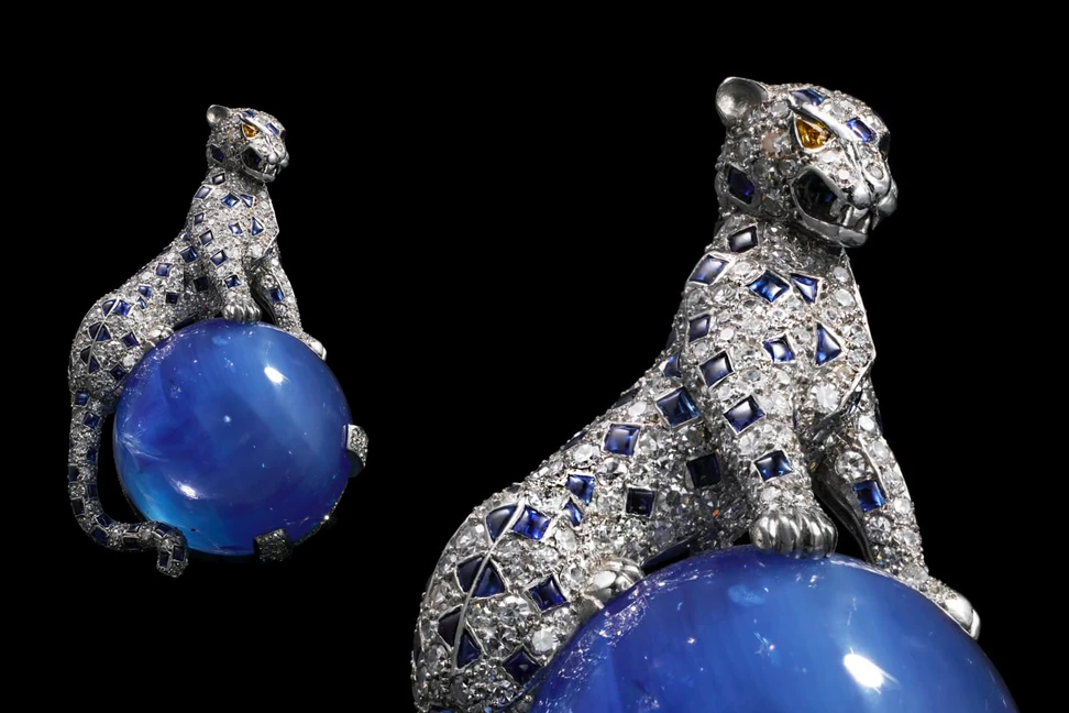<p>Cartier Panther brooch featuring 152.35 carat Kashmir sapphire cabochon, diamonds and sapphires</p>