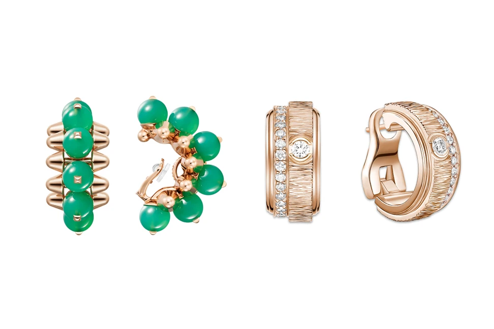 <p>Cartier earrings from the Clash de Cartier XL Chrysoprase collection with chrysoprase beads in rose gold, alongside Рiaget earrings from the Possession 150th Anniversary collection with diamonds in rose gold</p>