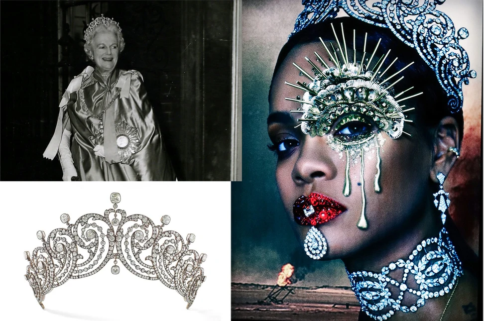 Cartier’s 1902 Scroll Tiara, worn by Lady Clementine Churchill to Queen Elizabeth II’s coronation in 1953 and by Rihanna on the cover of W magazine in 2016