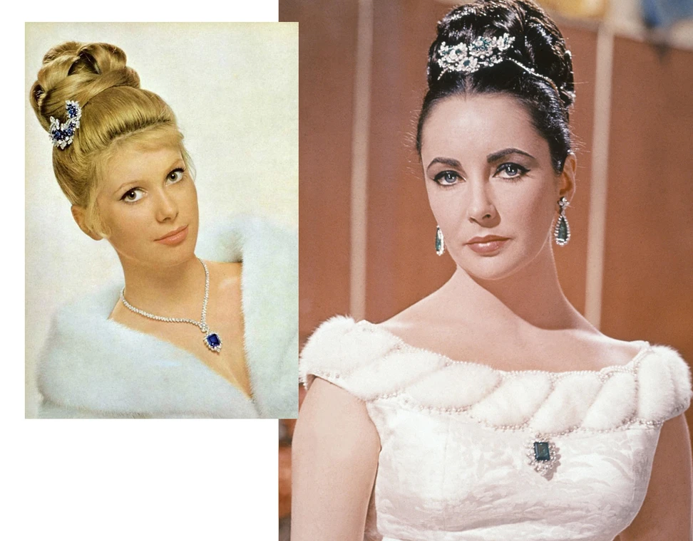 <p>Catherine Deneuve on the left and Elizabeth Taylor on the right wearing brooches in their hair</p>
