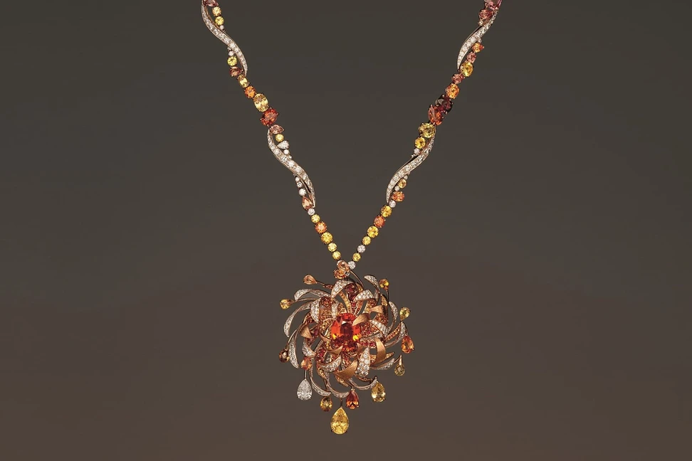<p>Chaumet ‘Les Ciels de Chaumet’ collection ‘Soliel de Feu’ necklace with Madagascan yellow sapphires, Ceylon padparadscha sapphires, diamonds, yellow sapphires, spinels, Mandarin garnets and orange sapphires</p>
