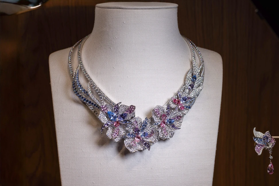 <p>The Fairy Iris high jewellery necklace employs a painterly palette of Vietnamese spinels in lilac, blush pink and sky blue</p>