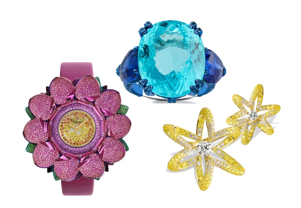 <p>A trio of high jewellery creations from the Chopard Caroline’s Universe Red Carpet Collection 2025, including a jewellery watch (left) with 7.68 carats of round-cut garnets, 2.97 carats of pink spinels, 1.14 carats of multi-coloured sapphires, tsavorites, emeralds and yellow diamond brilliants, set in 18k white gold and titanium </p>