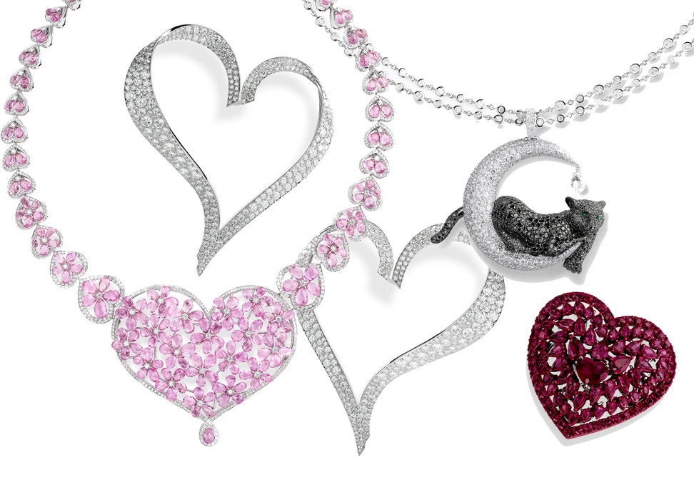 <p>A selection of pieces from the Chopard Caroline’s Universe Red Carpet High Jewellery Collection 2025, including (clockwise from left to right) a necklace with 95 carats of pink sapphire briolettes and 8.38 carats of diamonds; a pair of earrings with 10.86 carats of diamonds; a Crescent Moon pendant with 8.88 carats of brilliant-cut white diamonds and a panther with 7.25 carats of black diamonds, plus white diamond briolettes, and a ring in aluminium with heart-shaped, pear-shaped and brilliant-cut rubies totalling 12.80 carats, all in 18k white gold </p>