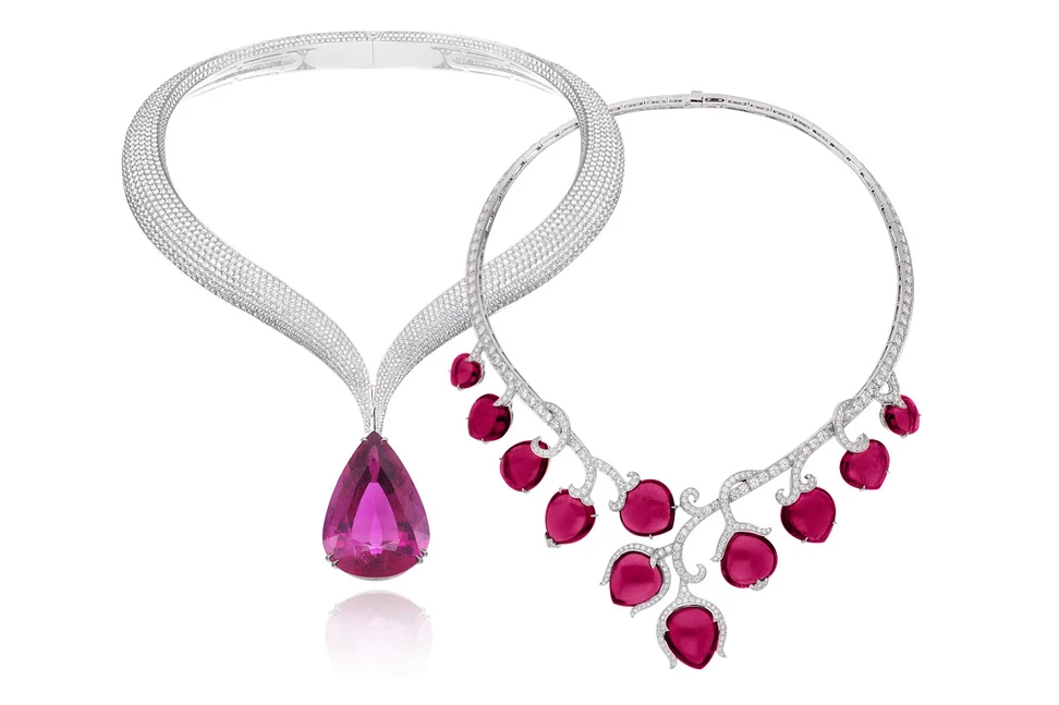 <p>Left: Chopard rubellite and diamonds necklace from the Red Carpet collection; Right: Van Cleef&Arpels Boboli necklace with cabochon rubellites and diamonds</p>
