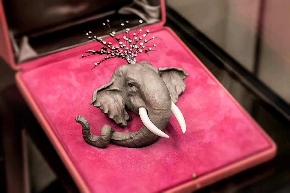 <p>Christie’s ‘Maharajas &amp; Mughal Magnificence’ elephant brooch by JAR with diamonds, cacholong and sapphire in titanium from 2013</p>
