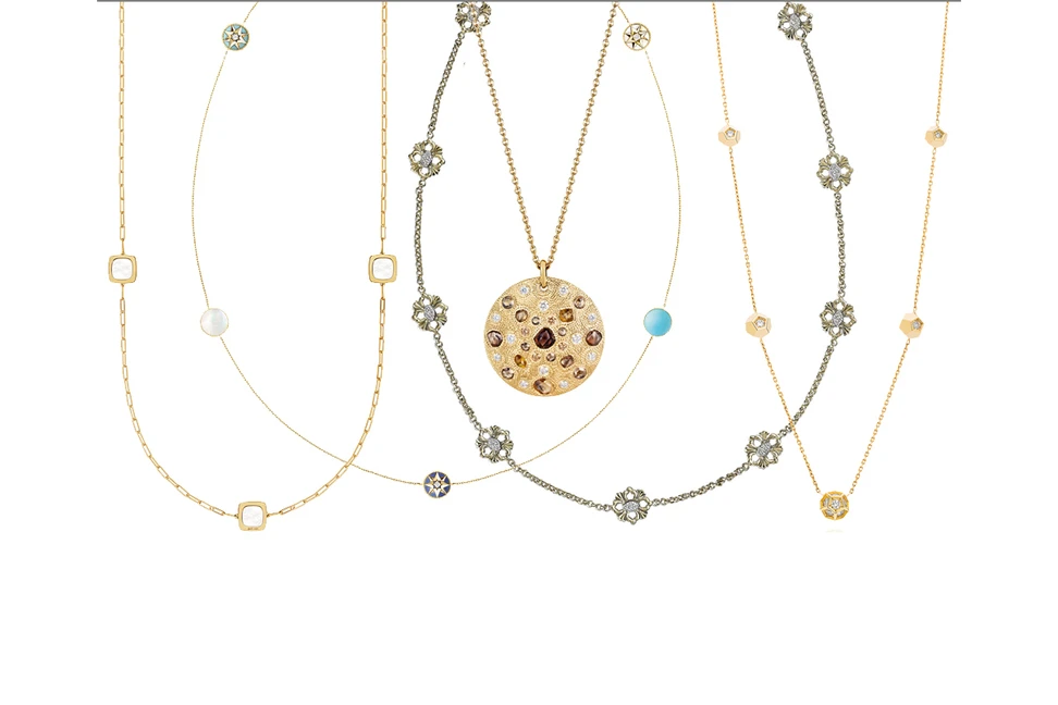 <p>From left to right: Dinh Van Impression sautoir in yellow gold; Dior Rose des Vents sautoir in yellow gold with lapis lazuli, turquoise and diamonds; Buccellati Opera necklace in yellow gold and diamonds; De Beers Talisman long necklace in yellow gold with multicoloured diamonds; Ornella Iannuzzi RockIt! sautoir in yellow gold and diamonds</p>

