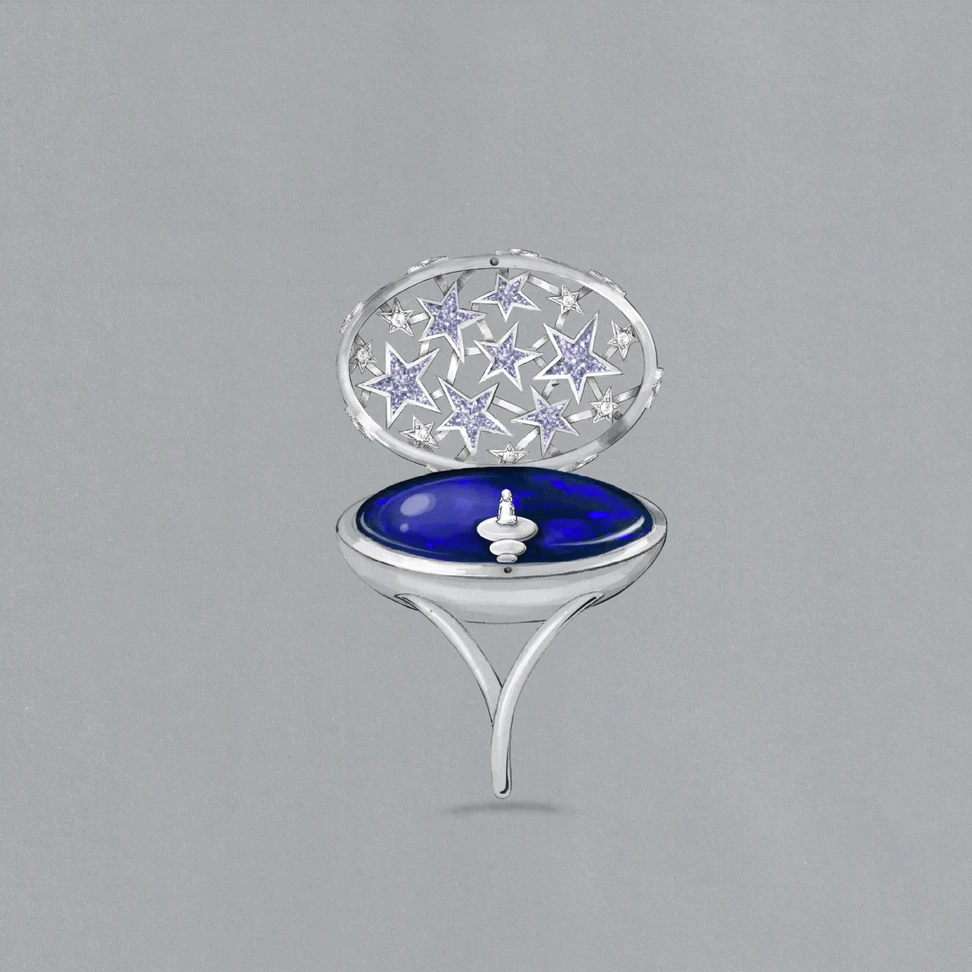 A midnight blue Lightning Ridge black opal serves as the inky night sky, lit up by stars of osmium set into a locket-style lid
