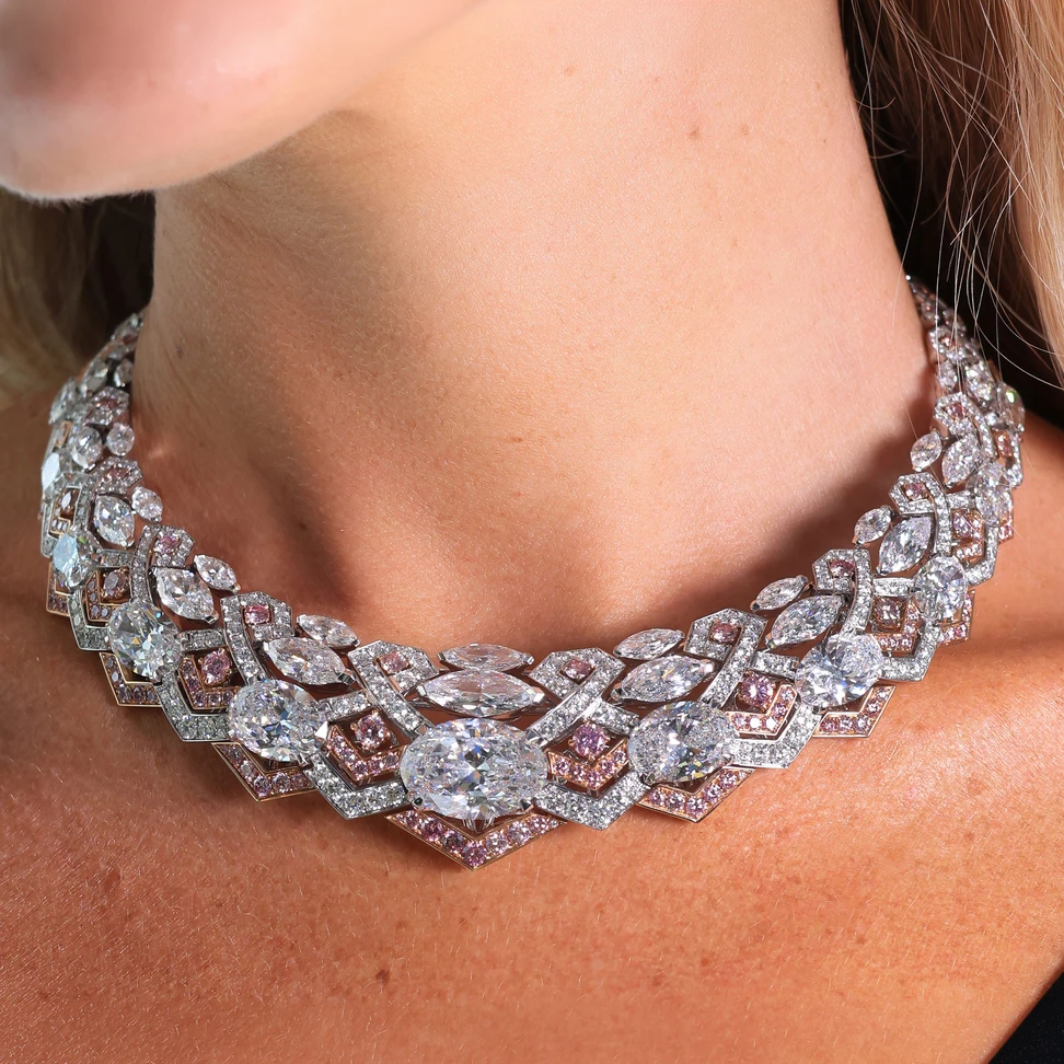 A closer look at the Artemis necklace, set with more than 100 carats of white and fancy pink diamonds in 18k white and rose gold