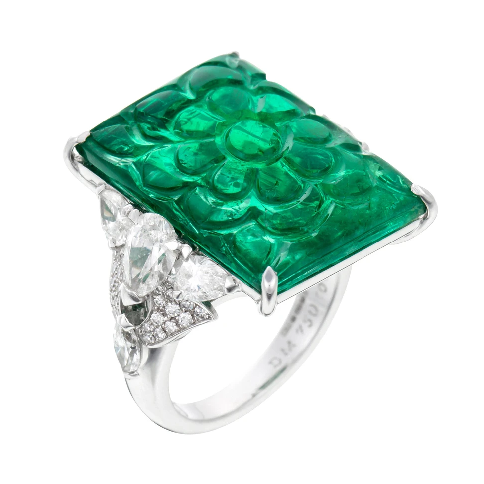 <p>David Morris GRS Certified 15.30ct Carved Emerald & Diamond Cocktail Ring</p>