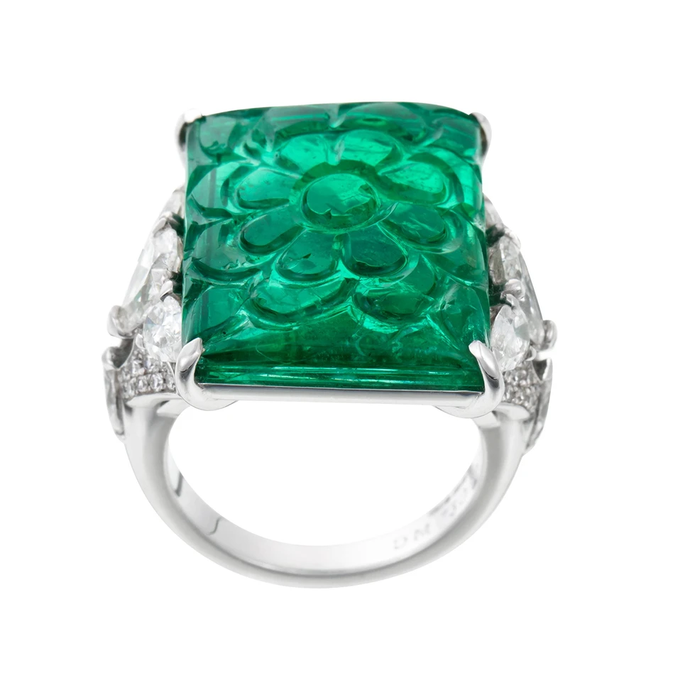 <p>David Morris GRS Certified 15.30ct Carved Emerald & Diamond Cocktail Ring</p>