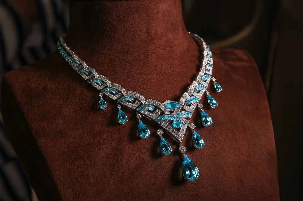 Inspired by the water nymphs of Greek mythology, the Gemma necklace cascades with more than 52 carats of Paraiba tourmalines