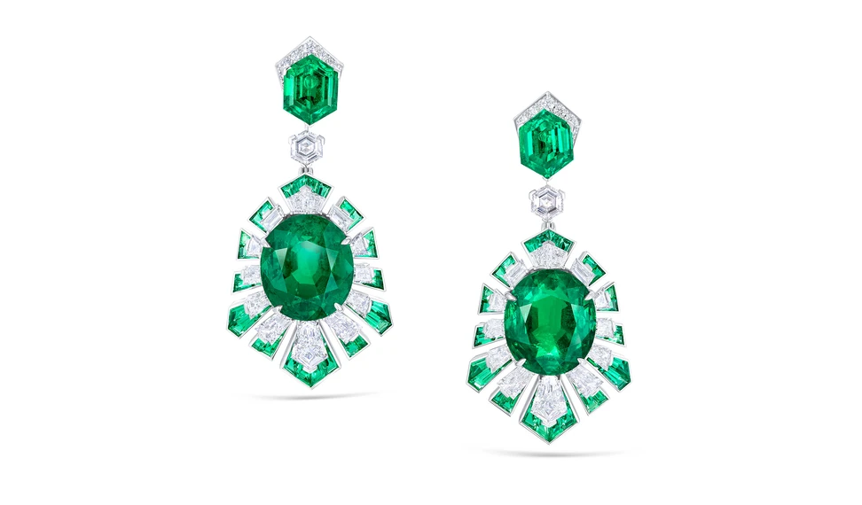 <p>Amazonica High Jewellery earrings with 18.41ct and 18.17ct oval Colombian emerald centre stones, 6.98ct Fancy shape emeralds, 6.07ct of emerald cut emeralds and 8.29ct of mixed shape diamonds set in 18ct white gold</p>
