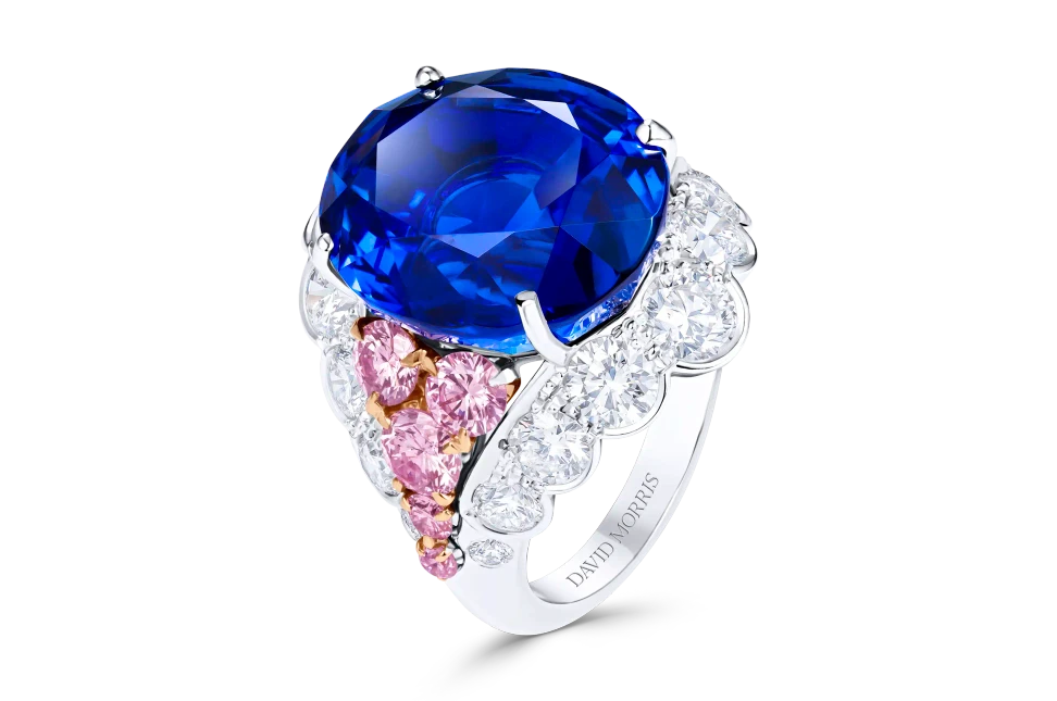 David Morris' Levity high jewellery ring pairs a 16.79-carat unheated sapphire with fancy pink and white diamonds in 18k white and rose gold