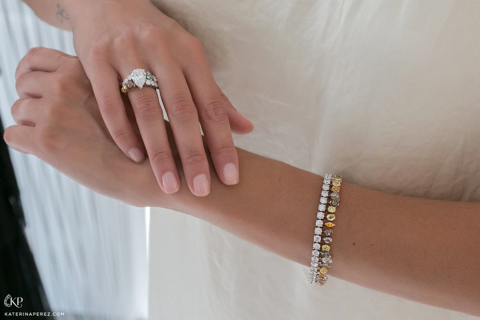 <p>De Beers ‘Diamond Legends’ collection ‘Vulcan’ bracelet and ring, with fancy coloured and colourless diamonds in white gold</p>