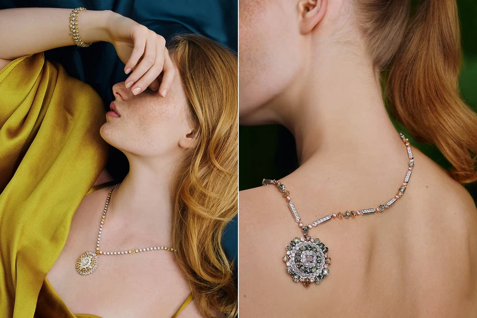 <p>De Beers ‘Portraits of Nature’ collection ‘Electric Cichlid’ and ‘Knysna Chameleon’ medallion necklaces with colourless and fancy coloured diamonds</p>