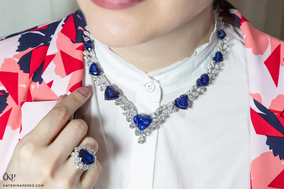 <p>Dehres necklace and ring with heart cut sapphires and diamonds</p>