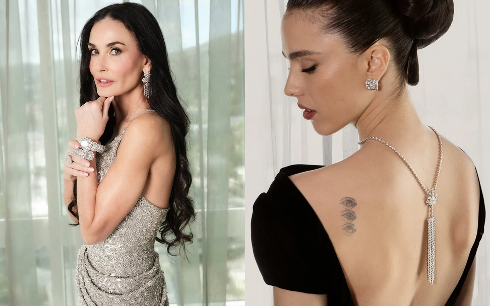 <p>Demi Moore (left) in Chopard chandelier earrings and a cuff bracelet with a 20-carat emerald-cut diamond and a 15-carat emerald-cut diamond, alongside Margaret Qualley wearing Motif Russe diamond necklace and Impression Florale diamond earrings in 18K white gold by Chanel at the 97th Annual Academy Awards 2025</p>