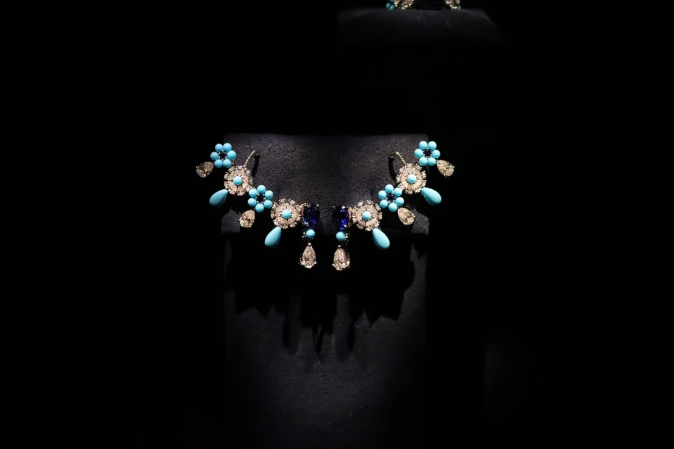<p>Ear climbers with turquoise and sapphires from the Belle Dior High Jewellery collection by Dior Joaillerie</p>
