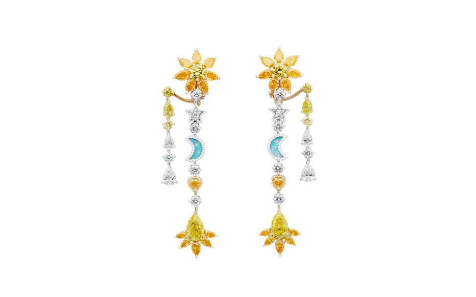<p>The Dior Joaillerie Soleil Céleste earrings from the Belle Dior High Jewellery collection, set with fancy yellow pear-shaped diamonds, yellow sapphires, colourless diamonds and opals</p>
