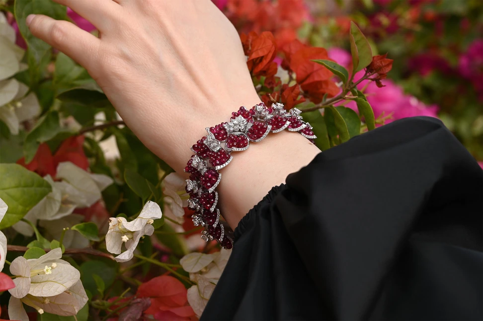 <p>A bracelet by Diviano featuring pockets of ruby beads and fancy-cut diamonds, set in 18k white gold </p>